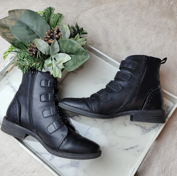 STEVE MADDEN Pursue Black Studded Buckle Strappy Leather Moto Combat Boots Sz 9 - Picture 9 of 14